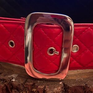 Faux Leather is Red Quilted Belt with Silver Buckle 41”